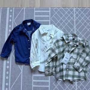 Zara Kids Button-Down Shirt Set - Denim, Striped, Green Plaid